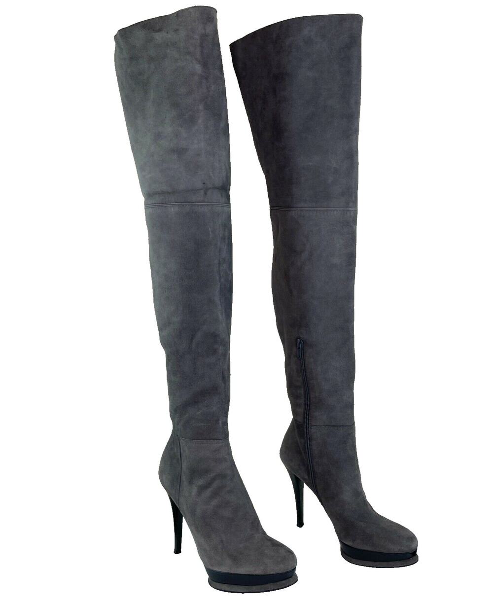 Stuart Weitzman Stretch Over the Knee Suede Stiletto Heel Boots Gray 6 RARE